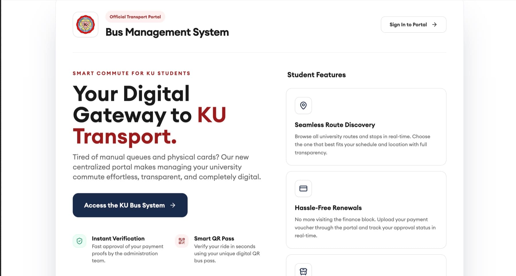 The KU Bus Management System portal, showing route discovery, renewals and QR pass features
