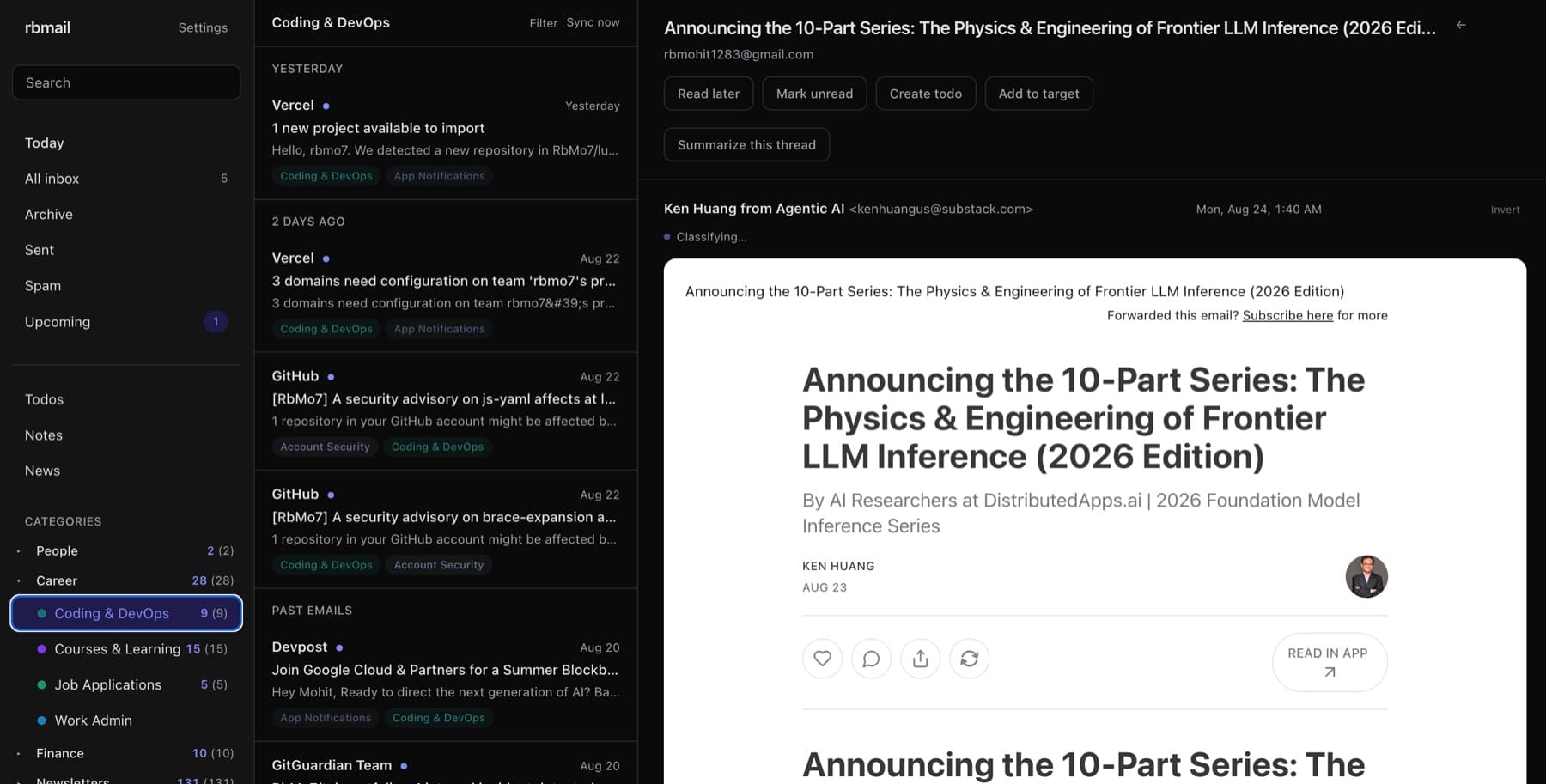 RbMail reading a thread, with category counts in the sidebar and actions to read later, create a todo, or summarise the thread