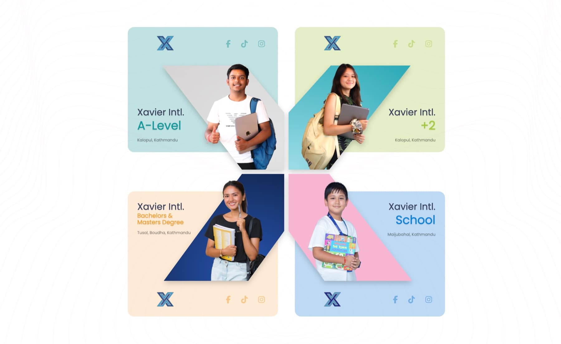 Xavier International brand cards for A-Level, +2, Bachelors and Masters, and School, each with its Kathmandu location